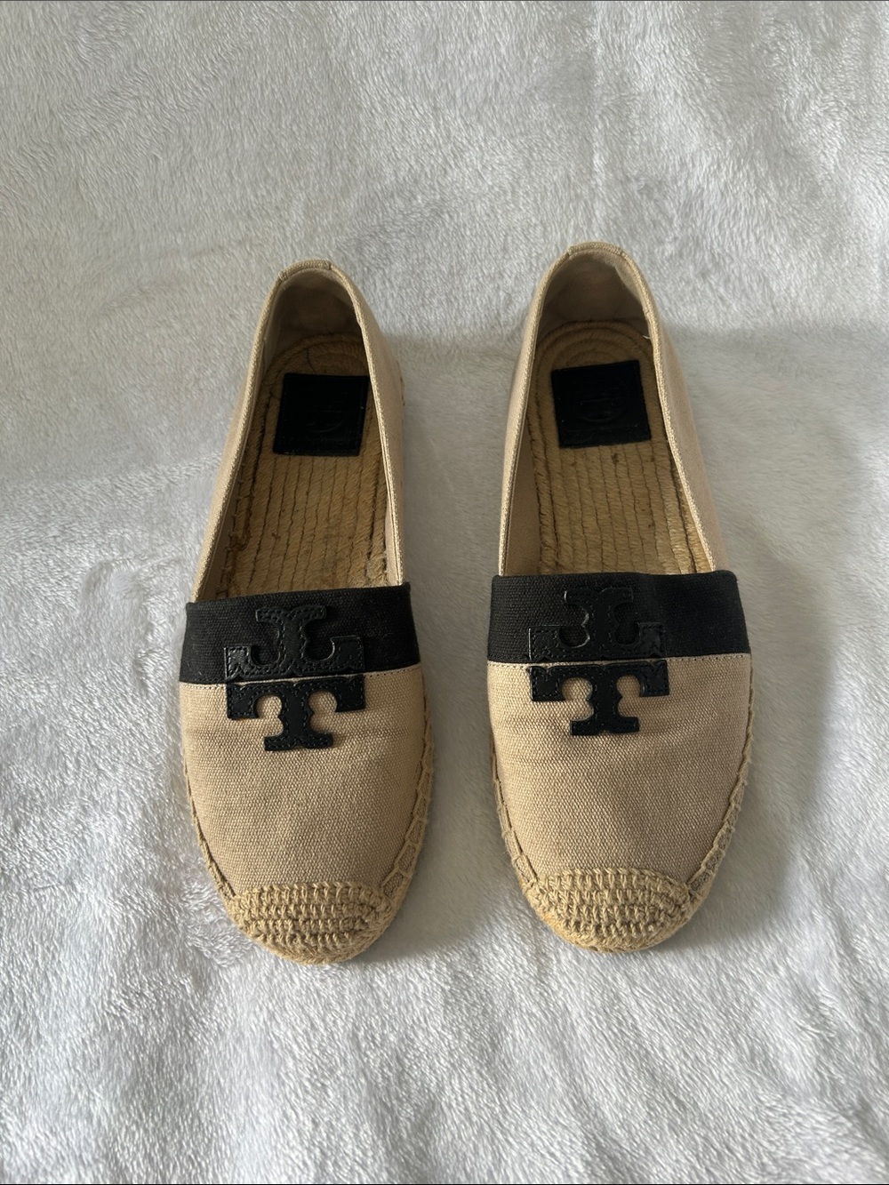 Tory Burch Beige Canvas Espadrilles with Black Logo Band